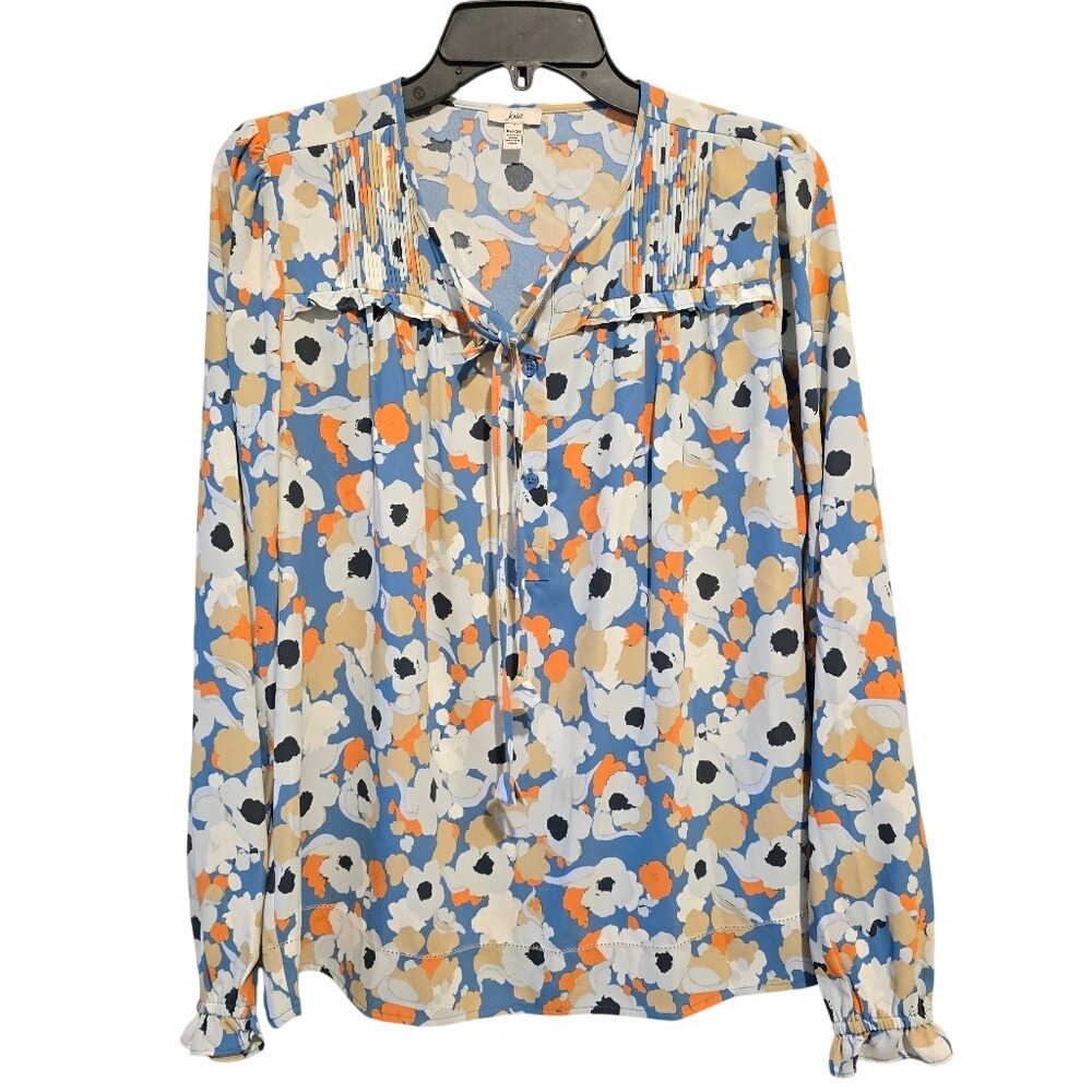 Joie Floral Field Blue Orange Pintuck Ruffle Blouse XS JE7027PR